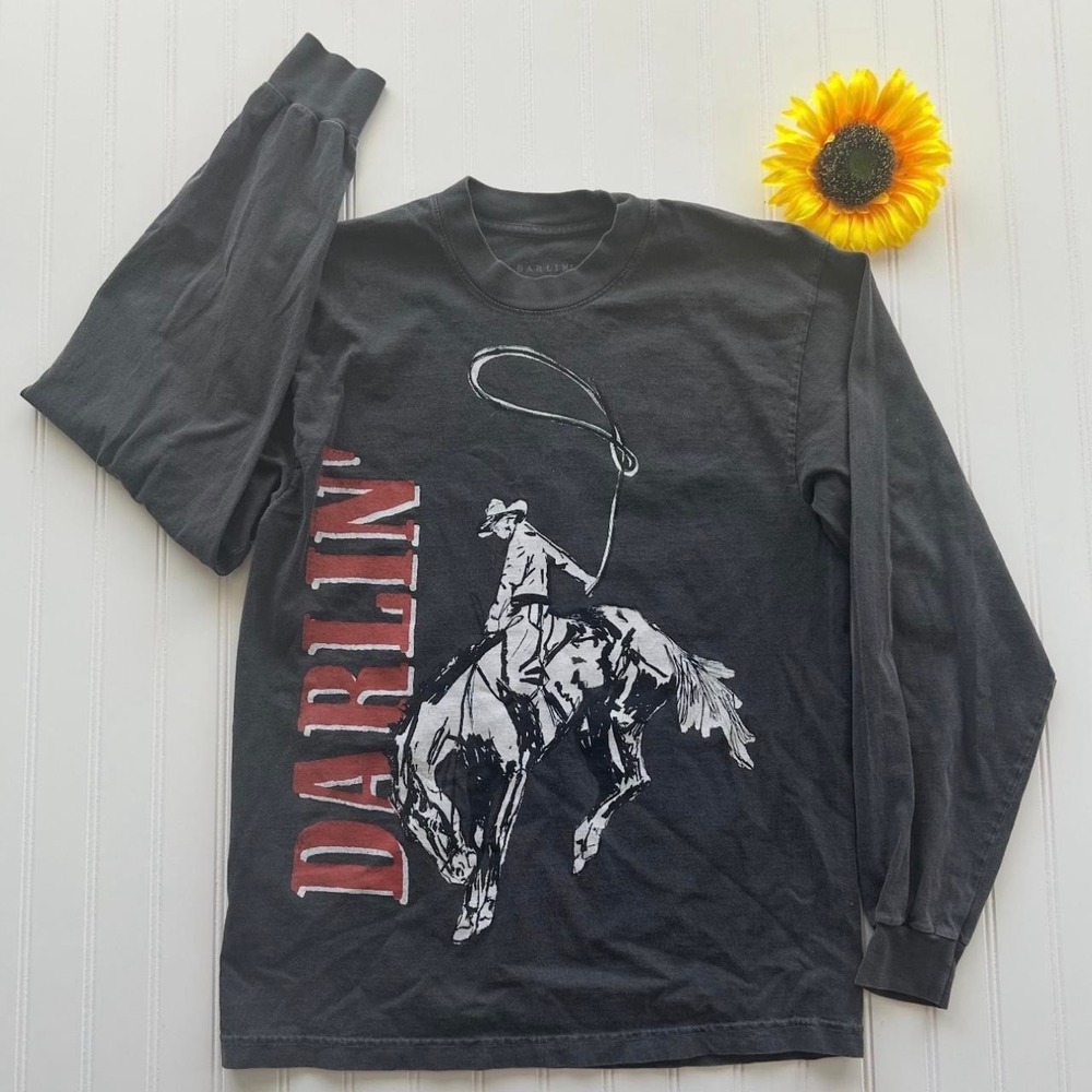 Darlin x Summer Shirt M Womens Black Excellent Cowboy Graphic Long Sleeve Cotton